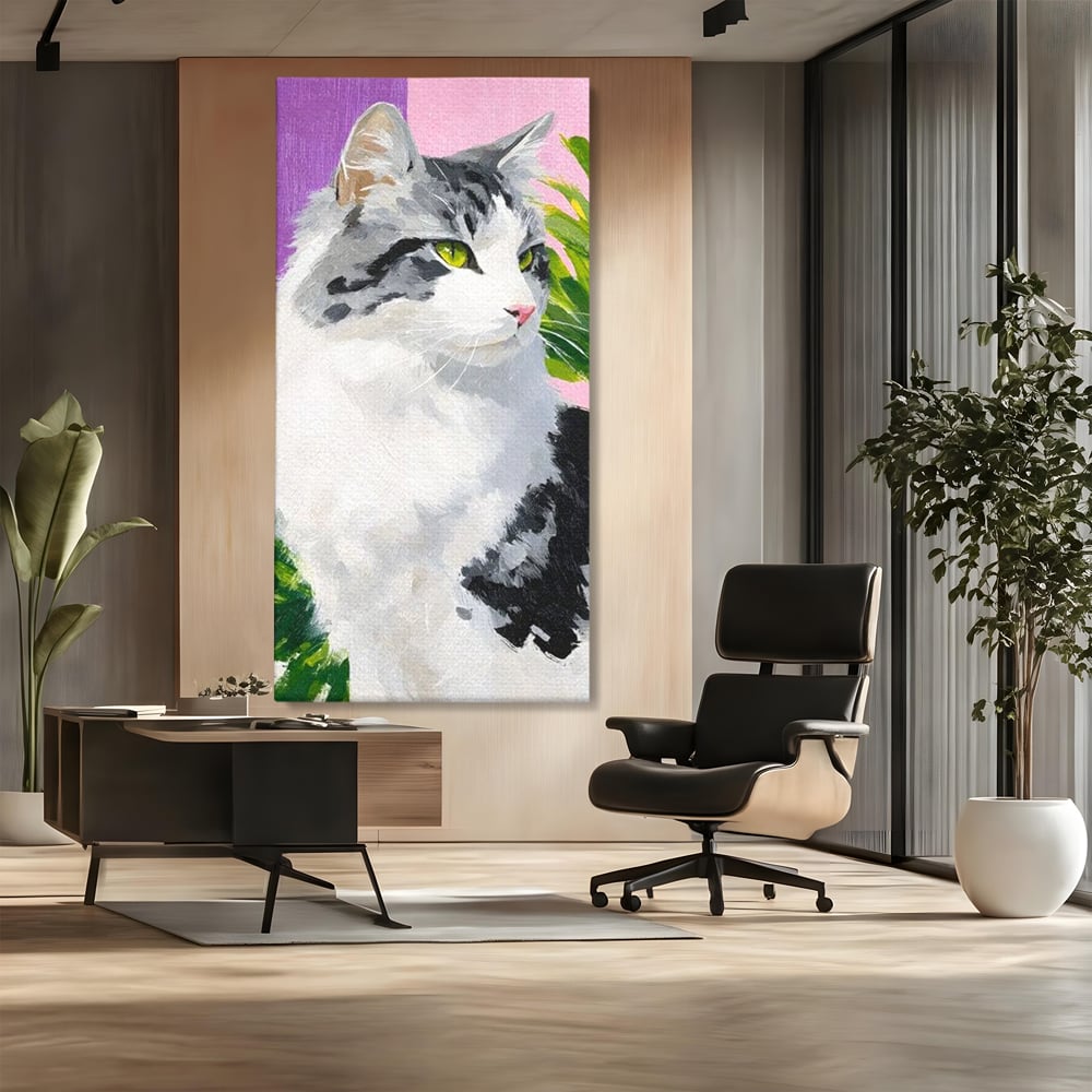 Tablou canvas cu pictura cu portret de pisica, fara rama, pe sasiu de lemn, pe perete intr-un birou